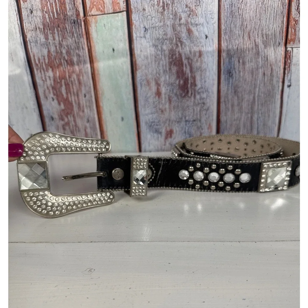 BHW Western Black Leather Crystal Studded Belt Silver Buckle VTG Womens M 402